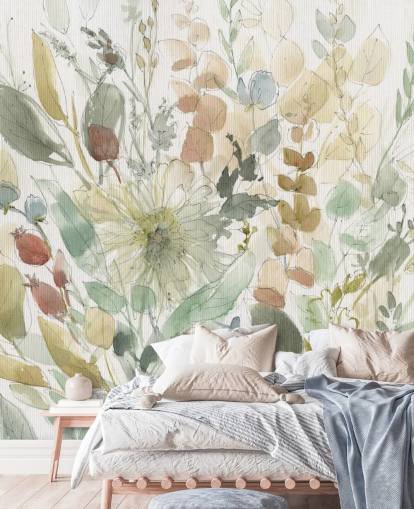 personaliseerbare pastelkleurige bloemenbehangmuurschildering genaamd Linen Wildflower van Carol Robinson voor slaapkamers