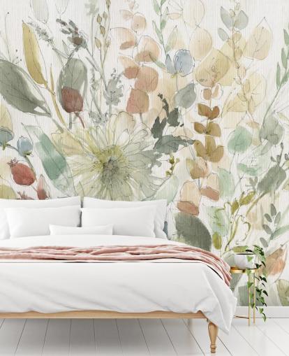 pastel tilpasselig blomstertapet vægmaleri kaldet Linen Wildflower af Carol Robinson til soveværelser