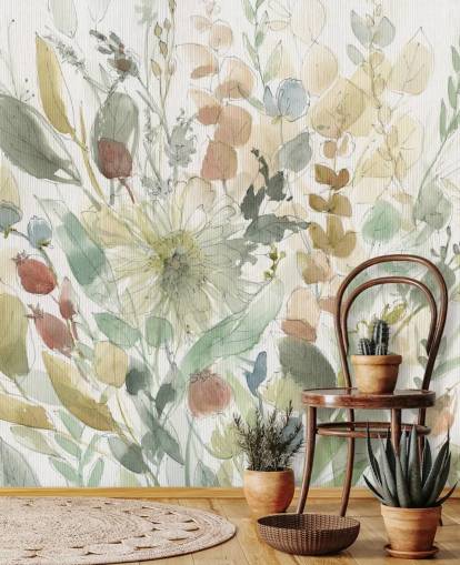 mural de papel de parede floral personalizável em tons pastel chamado Linen Wildflower de Carol Robinson para quartos