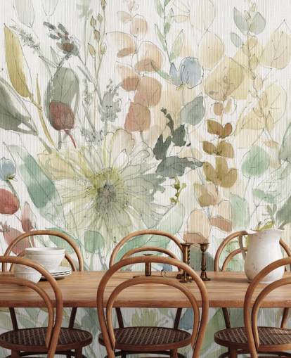 pastel tilpasselig blomstertapet vægmaleri kaldet Linen Wildflower af Carol Robinson til soveværelser