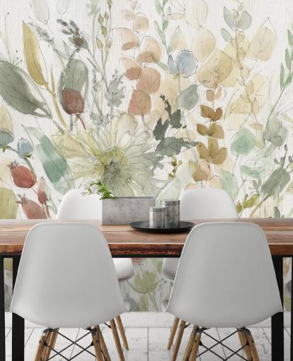 mural de papel pintado floral personalizable en colores pastel llamado Linen Wildflower de Carol Robinson para dormitorios