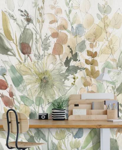 mural de papel de parede floral personalizável em tons pastel chamado Linen Wildflower de Carol Robinson para quartos