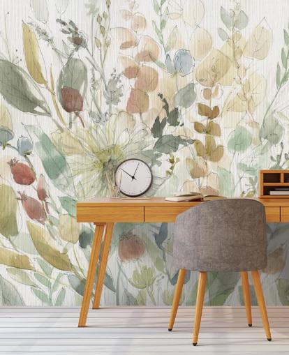 personaliseerbare pastelkleurige bloemenbehangmuurschildering genaamd Linen Wildflower van Carol Robinson voor slaapkamers