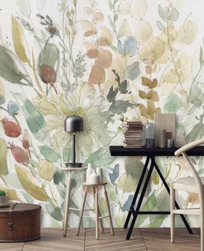 mural de papel pintado floral personalizable en colores pastel llamado Linen Wildflower de Carol Robinson para dormitorios