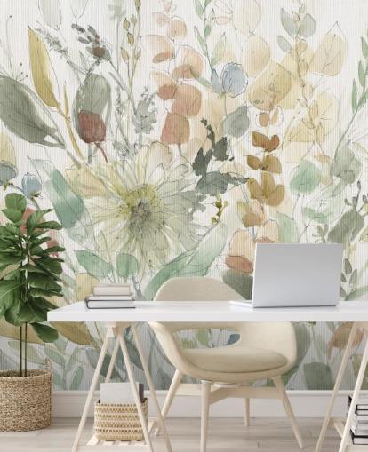 personaliseerbare pastelkleurige bloemenbehangmuurschildering genaamd Linen Wildflower van Carol Robinson voor slaapkamers