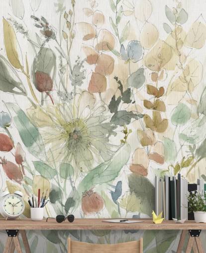 personalisierbare pastellfarbene Blumentapete namens Linen Wildflower von Carol Robinson für Schlafzimmer