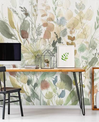 mural de papel de parede floral personalizável em tons pastel chamado Linen Wildflower de Carol Robinson para quartos