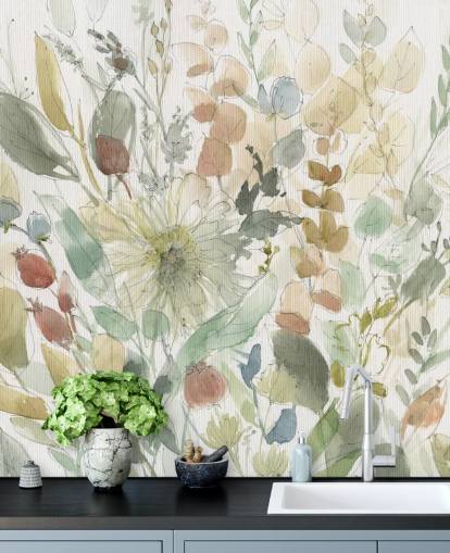 personaliseerbare pastelkleurige bloemenbehangmuurschildering genaamd Linen Wildflower van Carol Robinson voor slaapkamers