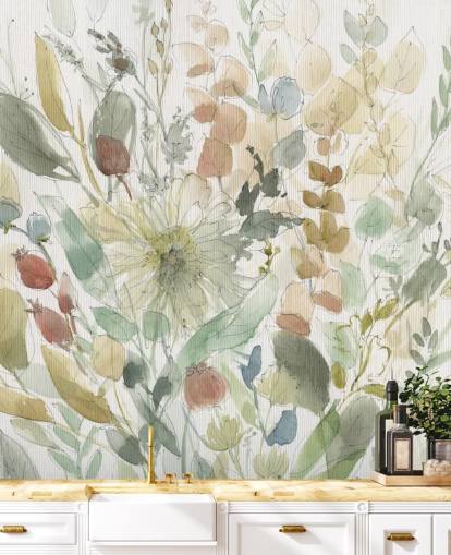 pastel customisable floral wallpaper mural called Linen Wildflower by Carol Robinson for bedrooms