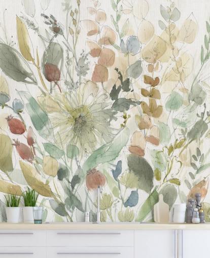 mural de papel de parede floral personalizável em tons pastel chamado Linen Wildflower de Carol Robinson para quartos mural de papel de parede floral personalizável em tons pastel chamado Linen Wildflower de Carol Robinson para quartos