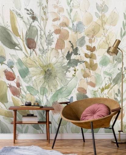pastel customisable floral wallpaper mural called Linen Wildflower by Carol Robinson for bedrooms