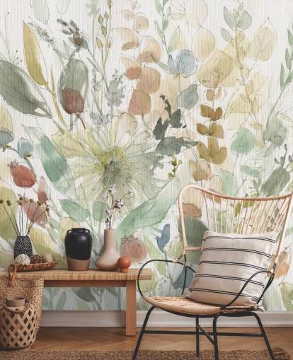 pastel customisable floral wallpaper mural called Linen Wildflower by Carol Robinson for bedrooms