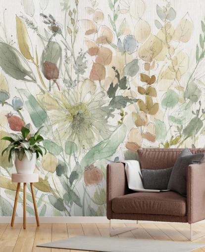 pastel customizable floral wallpaper mural called Linen Wildflower by Carol Robinson for bedrooms