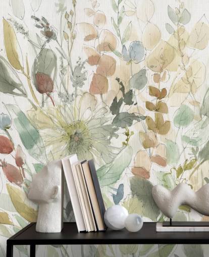pastell anpassningsbar blommig tapetväggmålning kallad Linen Wildflower av Carol Robinson för sovrum