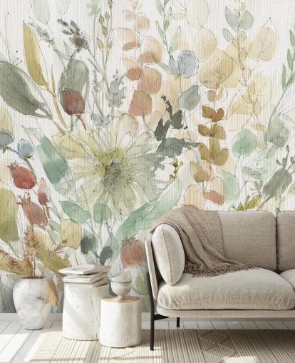 personalisierbare pastellfarbene Blumentapete namens Linen Wildflower von Carol Robinson für Schlafzimmer