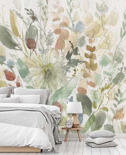 pastel tilpasselig blomstertapet vægmaleri kaldet Linen Wildflower af Carol Robinson til soveværelser
