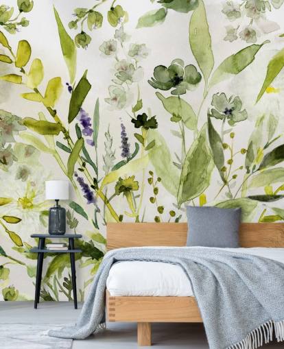 carta da parati murale verde personalizzabile con piante chiamata Olive Green Plants di Carol Robinson per cucine