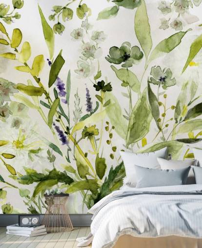 green customizable plant wallpaper mural called Olive Green Plants by Carol Robinson for kitchens
