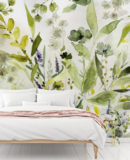 carta da parati murale verde personalizzabile con piante chiamata Olive Green Plants di Carol Robinson per cucine