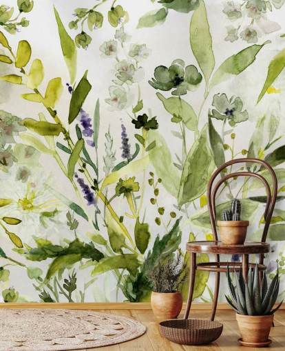 groene aanpasbare plantenbehangmuurschildering genaamd Olive Green Plants van Carol Robinson voor keukens