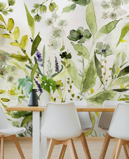 carta da parati murale verde personalizzabile con piante chiamata Olive Green Plants di Carol Robinson per cucine