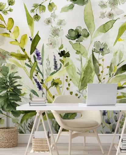 green customisable plant wallpaper mural called Olive Green Plants by Carol Robinson for kitchens