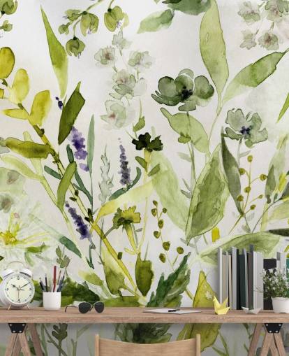 papier peint mural végétal personnalisable vert appelé Olive Green Plants par Carol Robinson pour cuisines