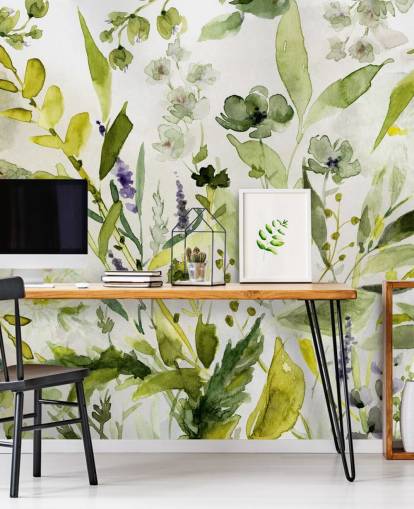 papier peint mural végétal personnalisable vert appelé Olive Green Plants par Carol Robinson pour cuisines