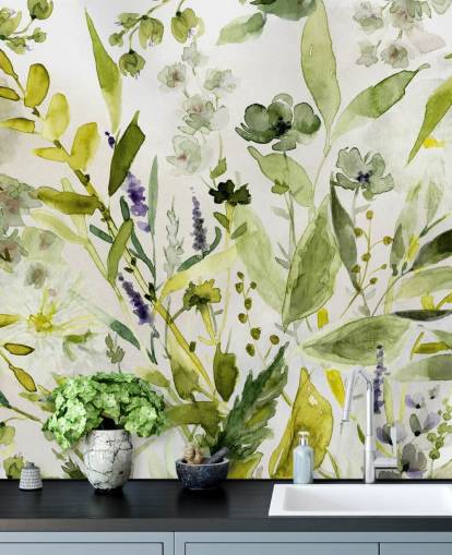 grønt tilpassbart plantetapetveggmaleri kalt Olive Green Plants av Carol Robinson for kjøkken