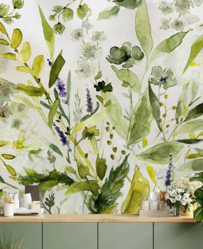 grønt tilpassbart plantetapetveggmaleri kalt Olive Green Plants av Carol Robinson for kjøkken