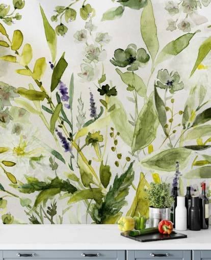 grønt tilpasseligt plantetapetvægmaleri kaldet Olive Green Plants af Carol Robinson til køkkener