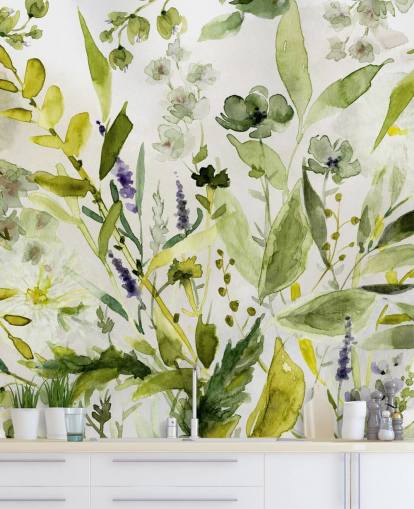 grüne, personalisierbare Pflanzentapete namens Olive Green Plants von Carol Robinson für Küchen