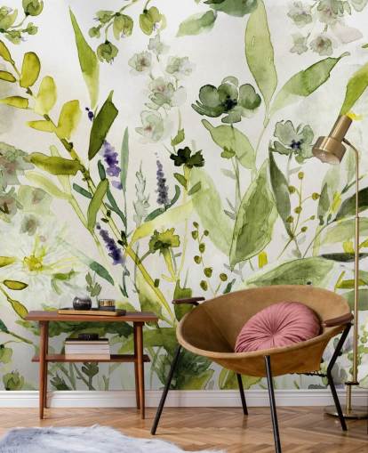 carta da parati murale verde personalizzabile con piante chiamata Olive Green Plants di Carol Robinson per cucine