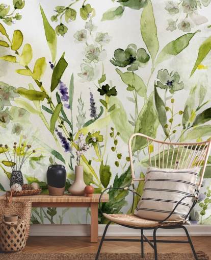 carta da parati murale verde personalizzabile con piante chiamata Olive Green Plants di Carol Robinson per cucine