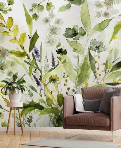 mural de papel de parede vegetal verde personalizável chamado Olive Green Plants de Carol Robinson para cozinhas