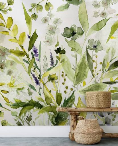 green customizable plant wallpaper mural called Olive Green Plants by Carol Robinson for kitchens