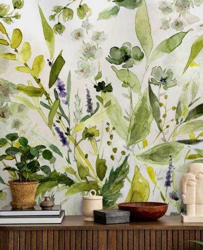 papier peint mural végétal personnalisable vert appelé Olive Green Plants par Carol Robinson pour cuisines