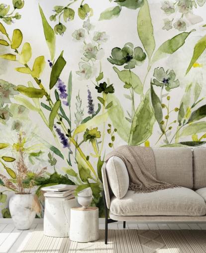 carta da parati murale verde personalizzabile con piante chiamata Olive Green Plants di Carol Robinson per cucine