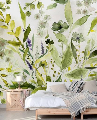 mural de papel de parede vegetal verde personalizável chamado Olive Green Plants de Carol Robinson para cozinhas