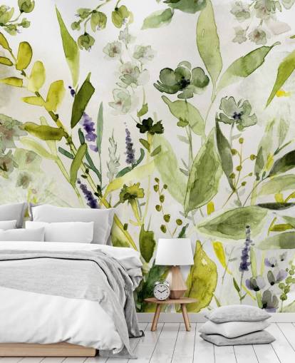 papier peint mural végétal personnalisable vert appelé Olive Green Plants par Carol Robinson pour cuisines