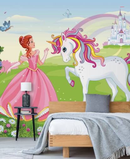 fondo de cuento de hadas con papel pintado de castillo y arcoíris