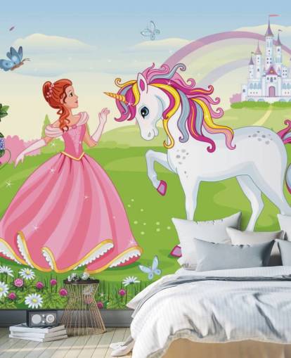 fairy tale background with castle and rainbow wallpaper
