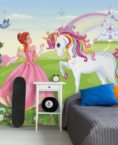 fairy tale background with castle and rainbow wallpaper