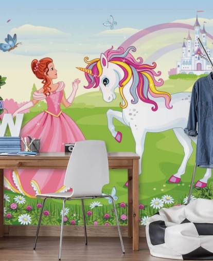 fairy tale background with castle and rainbow wallpaper