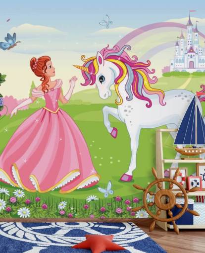 fondo de cuento de hadas con papel pintado de castillo y arcoíris