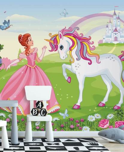 fairy tale background with castle and rainbow wallpaper