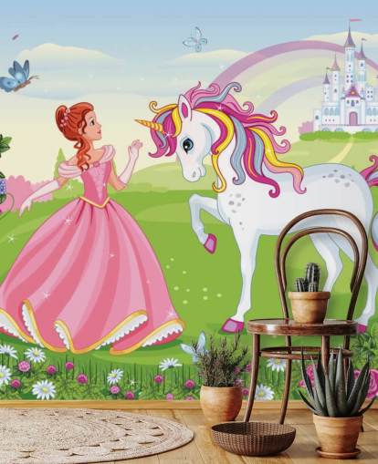 fondo de cuento de hadas con papel pintado de castillo y arcoíris