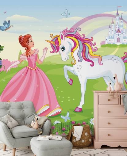 fairy tale background with castle and rainbow wallpaper