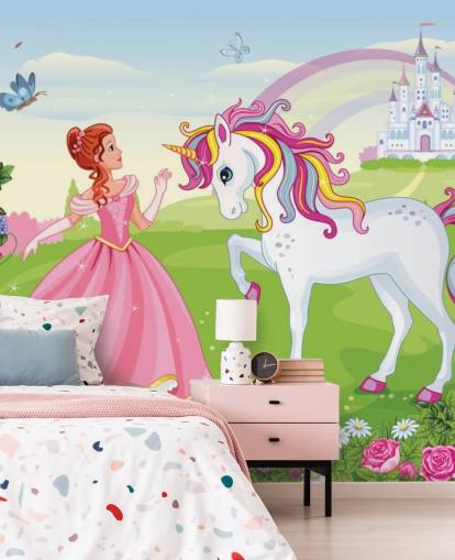 sprookjesachtige achtergrond met kasteel- en regenboogbehang