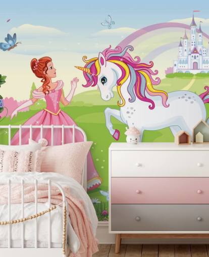 sprookjesachtige achtergrond met kasteel- en regenboogbehang